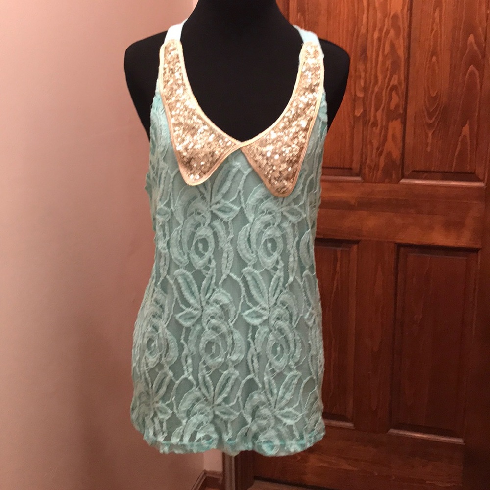Teal gold sequence collar tank top